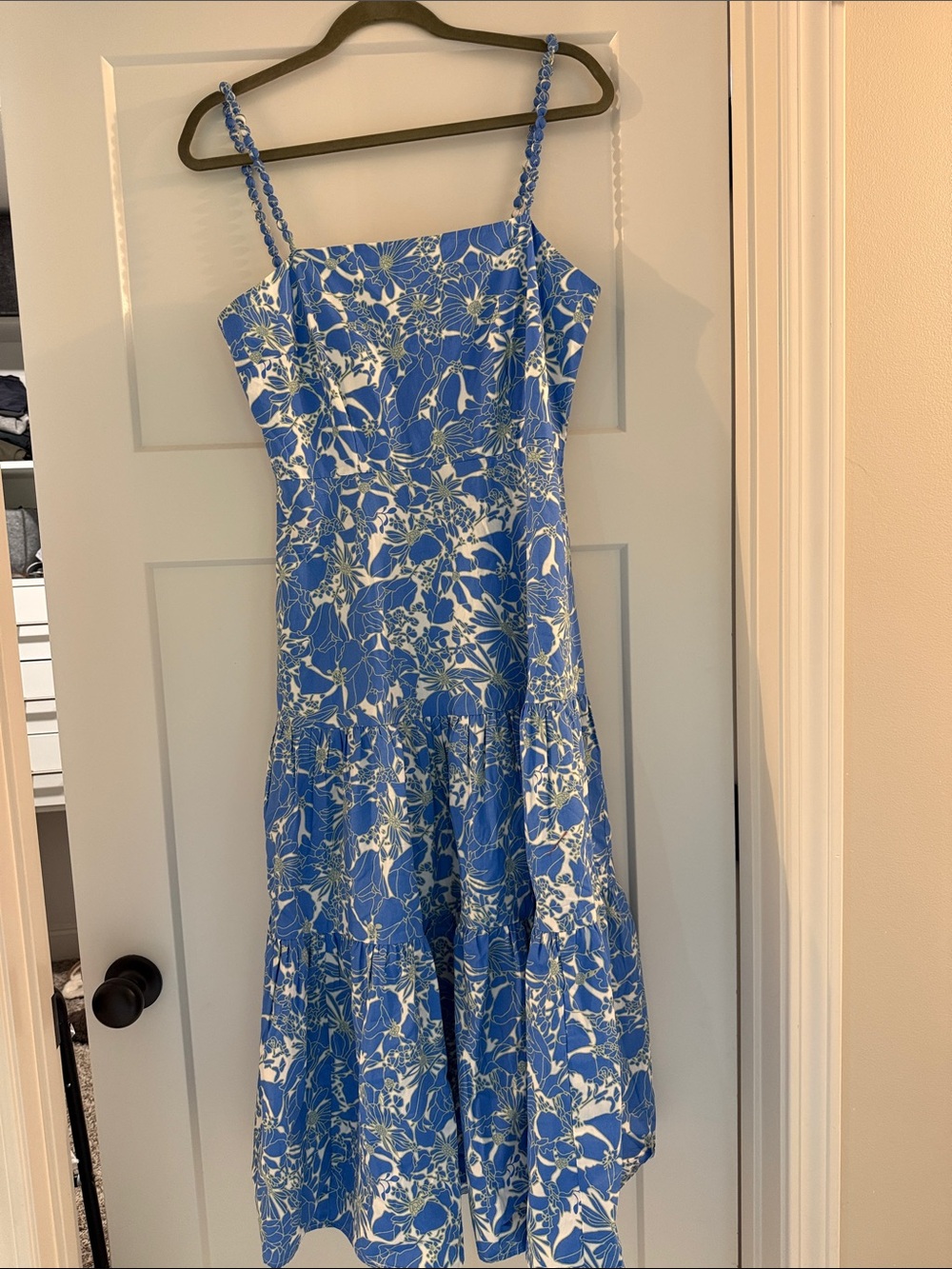 Blue Floral Tiered Spaghetti-Strap Midi Dress